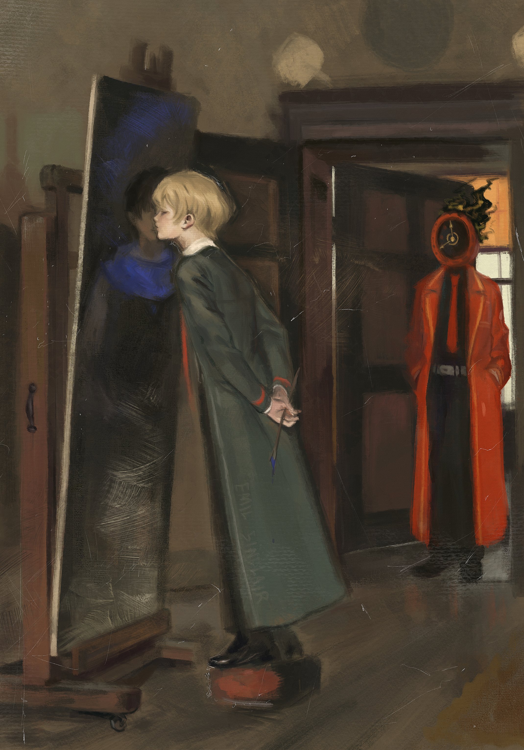 dante (limbus company), demian (project moon), sinclair (project moon), limbus company, project moon, absurdres, commentary, highres, symbol-only commentary, 1boy, 1other, 70sinc, arms behind back, bare shoulders, belt, black coat, black pants, black shirt, black shoes, blonde hair, blue scarf, clock, closed eyes, coat, collared coat, collared shirt, dress pants, dress shoes, easel, faceless, faceless male, fire, grey belt, hands in pockets, holding, holding stick, kiss, lapels, layered sleeves, lcb uniform (project moon), long sleeves, necktie, notched lapels, object kiss, on suitcase, open clothes, open coat, open door, own hands together, paint, painting (object), pants, realistic, red coat, red necktie, scarf, shirt, shoes, short hair, sleeveless, sleeveless shirt, standing, stick, suitcase, white shirt, wooden floor, yaoi