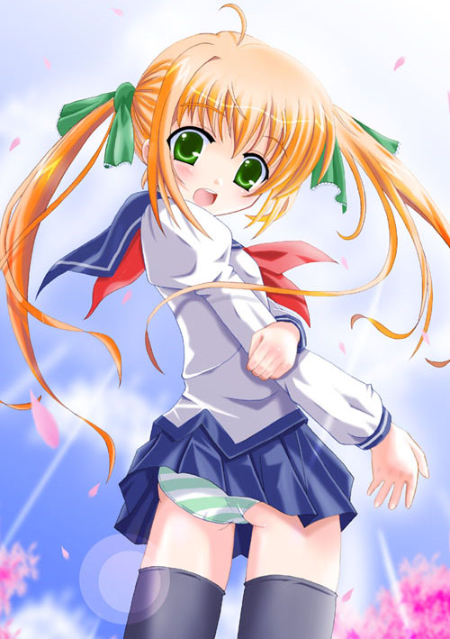 yamasaki tomoya, 1girl, blonde hair, female focus, green eyes, hair ribbon, loli, open mouth, panties, pantyshot, ribbon, school uniform, serafuku, solo, standing, striped clothes, striped panties, thighhighs, twintails, underwear