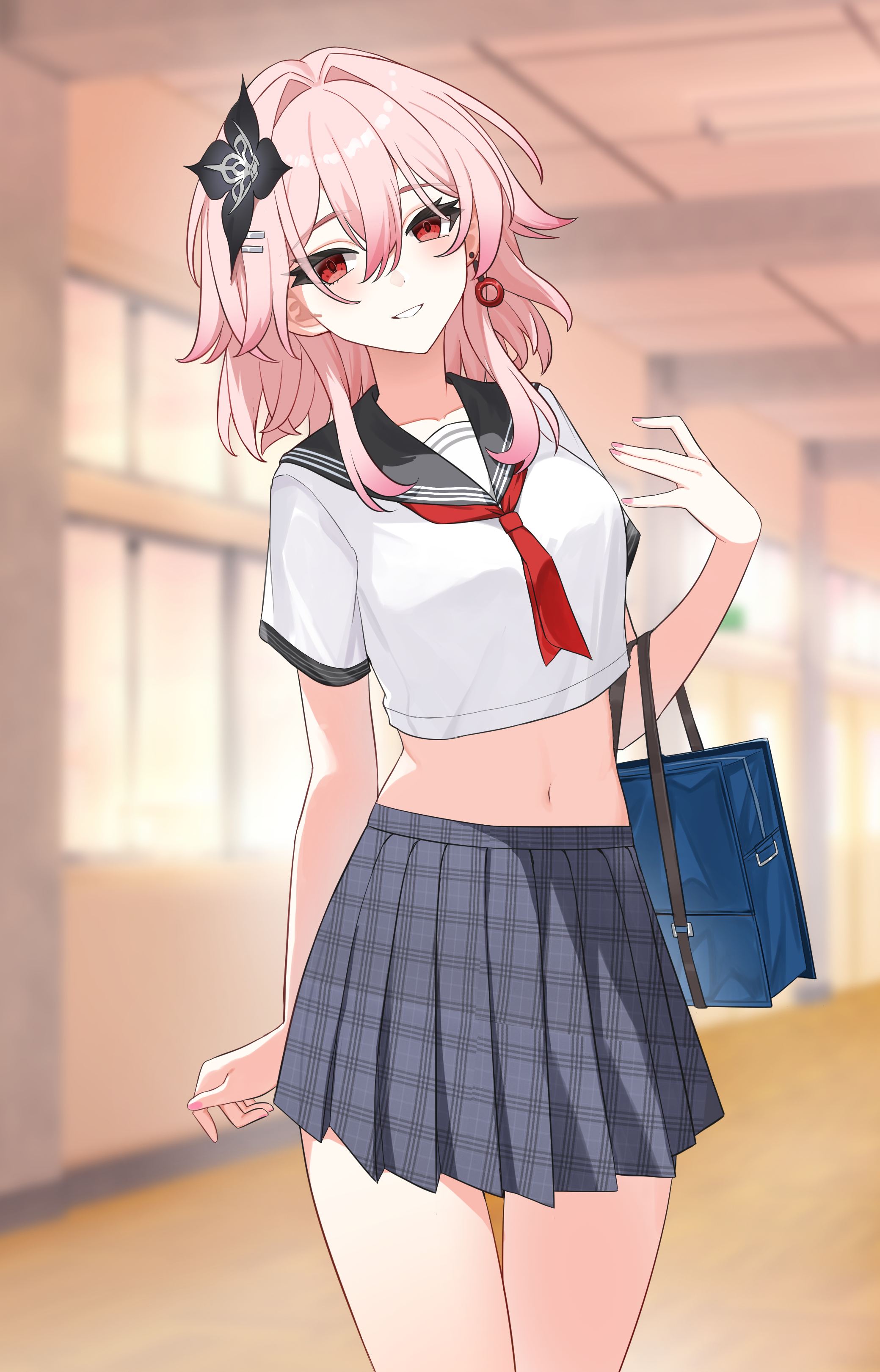 lao xi, evernight (honkai: star rail), march 7th (honkai: star rail), honkai: star rail, honkai (series), absurdres, highres, 1girl, alternate costume, bag, black sailor collar, black skirt, breasts, earrings, flower, hair flower, hair ornament, holding, holding bag, jewelry, medium breasts, medium hair, midriff, navel, necktie, pink hair, pleated skirt, red eyes, red necktie, sailor collar, school, school uniform, serafuku, skirt, solo, thighs, white serafuku