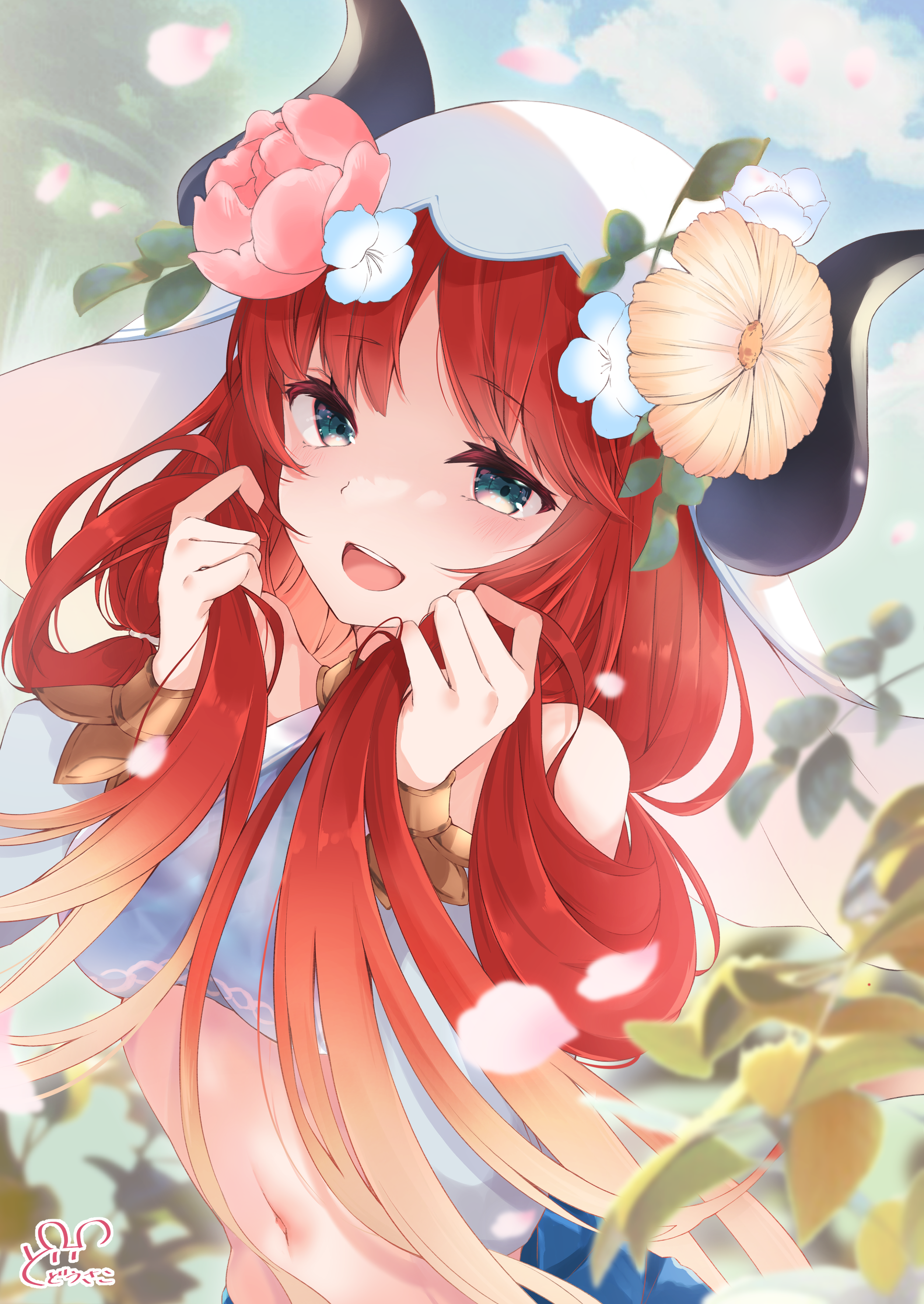 dodosako, nilou (genshin impact), genshin impact, absurdres, commentary request, highres, 1girl, bare shoulders, black horns, blue flower, breasts, crop top, fake horns, flower, green eyes, hair flower, hair ornament, harem outfit, holding, holding own hair, horns, leaf, long hair, looking at viewer, navel, open mouth, orange flower, pink flower, red hair, small breasts, smile, solo, teeth, upper body, upper teeth only, veil, white veil