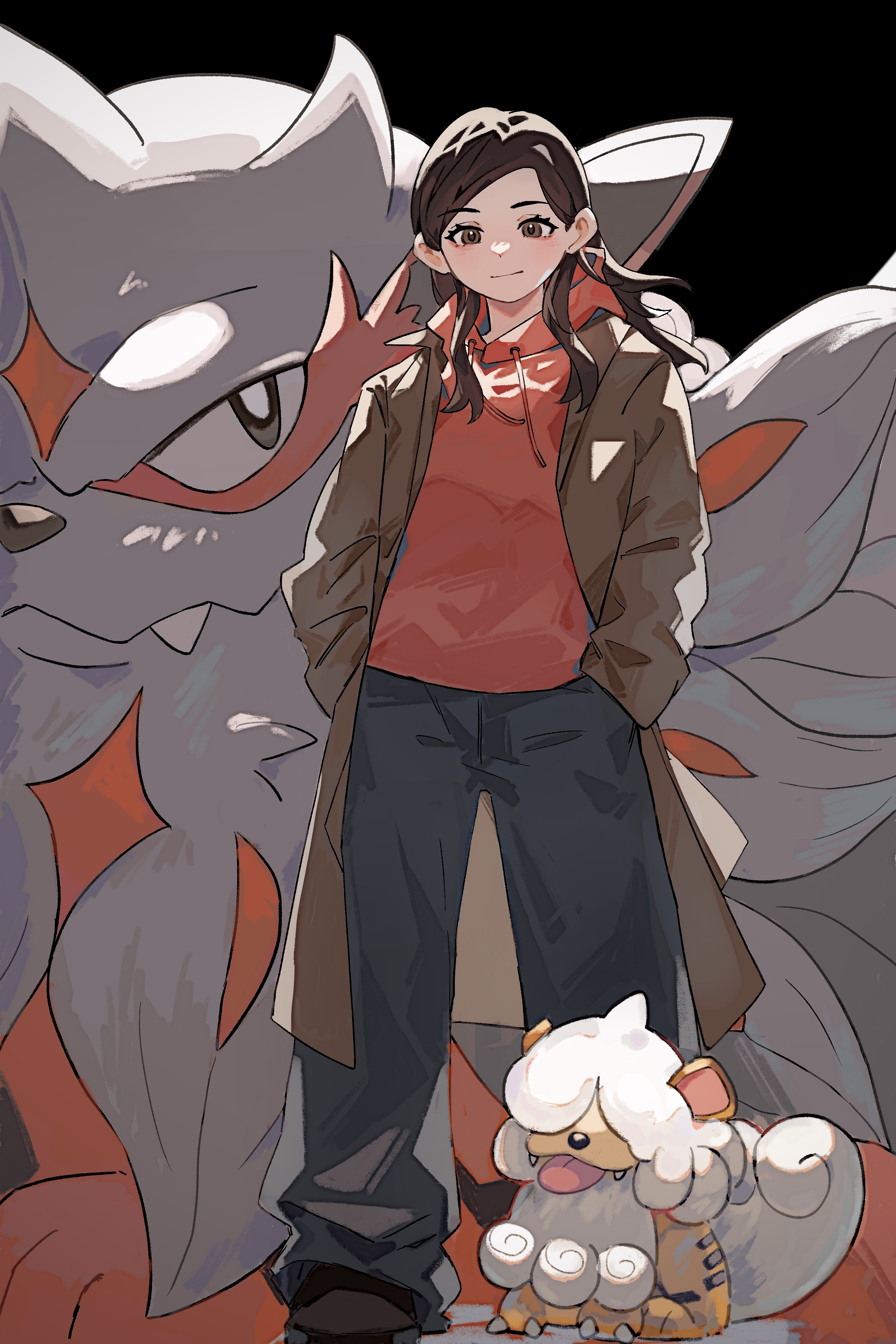 dafenpipixia, eri (pokemon), hisuian arcanine, hisuian growlithe, nintendo, pokemon, pokemon sv, absurdres, highres, 1girl, alternate costume, black background, black hair, black shoes, brown eyes, brown jacket, closed mouth, evolutionary line, eyelashes, fangs, grey pants, hair over eyes, hands in pockets, hood, hood down, hoodie, jacket, long hair, long sleeves, open clothes, open jacket, pants, pokemon (creature), red hoodie, shoes, simple background, smile, solo, standing, tongue, tongue out