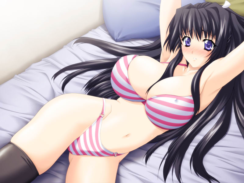 sumeragi kohaku, takeuchi narumi, pururun cafe, game cg, 1girl, armpits, arms up, bed, black hair, black thighhighs, blue eyes, blush, bra, breasts, female focus, hair intakes, hair ribbon, huge breasts, indigo eyes, large breasts, lingerie, long hair, lying, navel, panties, red bra, red panties, ribbon, skindentation, solo, striped clothes, striped panties, thighhighs, underwear, underwear only