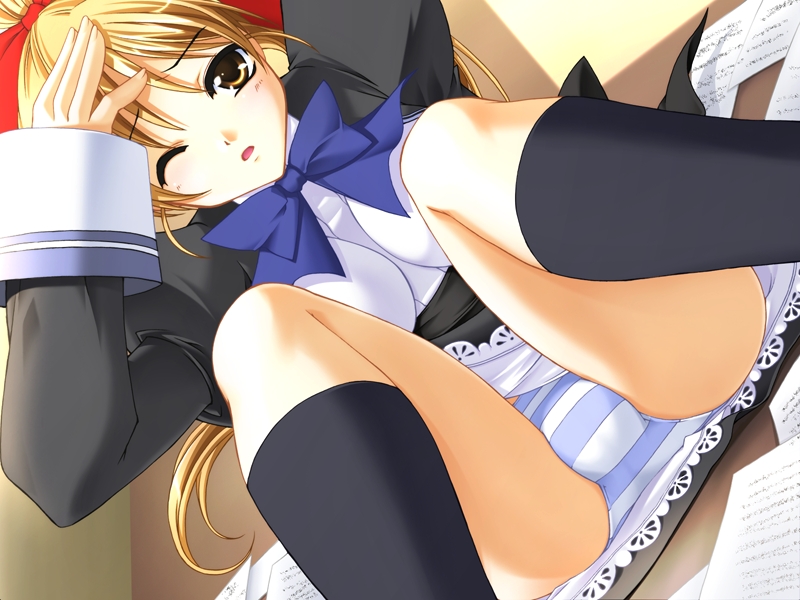 kusakabe rei, little (artist), kubotani youko, yakitate croissant, game cg, 1girl, black socks, blonde hair, blue panties, blush, bow, female focus, hair bow, kneehighs, lingerie, panties, pantyshot, petticoat, sitting, socks, solo, striped clothes, striped panties, underwear, upskirt, wince, yellow eyes