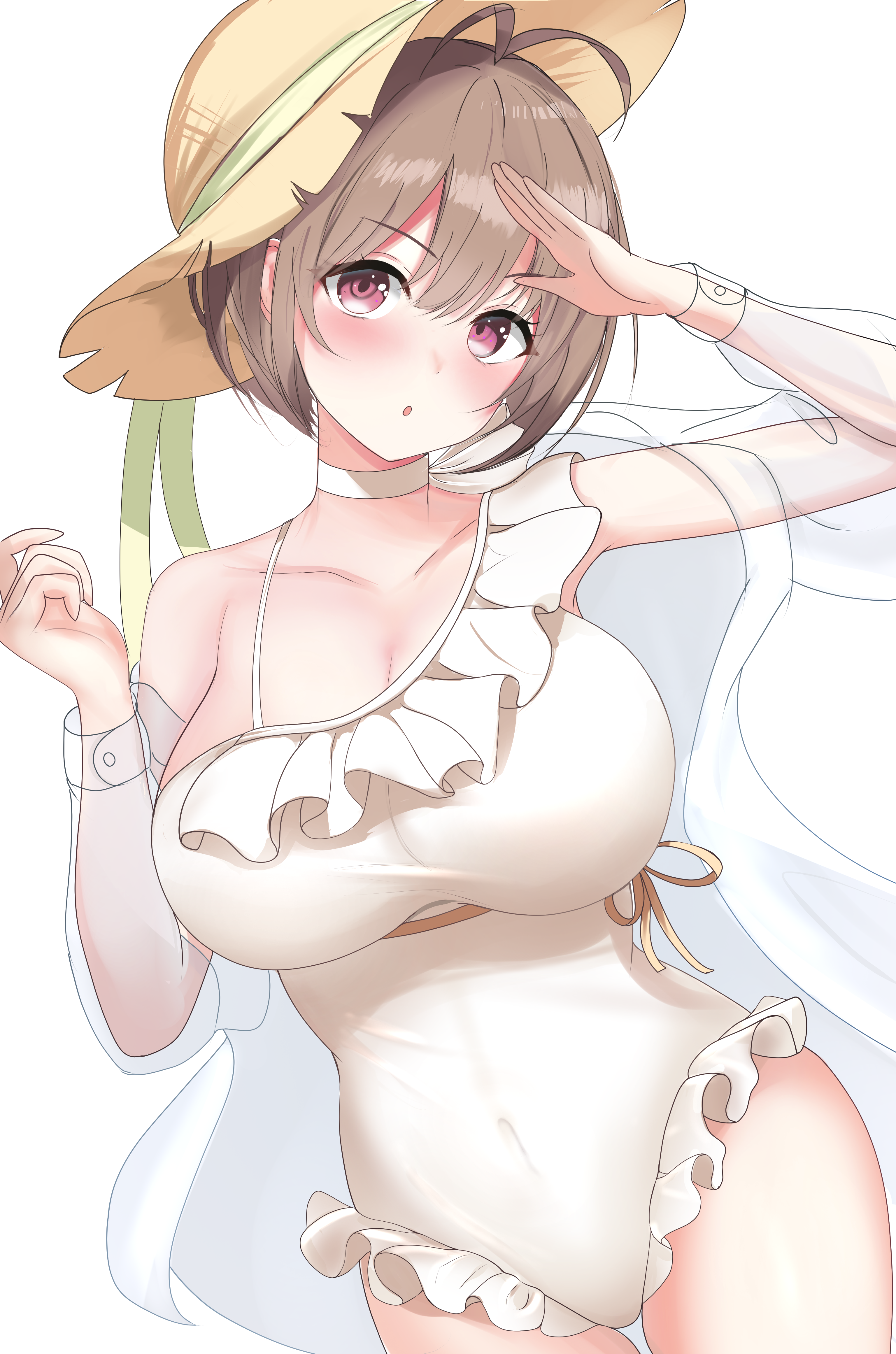 waniwani (wasabiwaniwani), harusaki nodoka, hololive, absurdres, highres, 1girl, antenna hair, asymmetrical one-piece swimsuit, breasts, brown hair, cleavage, collar, cowboy shot, hat, jacket, large breasts, one-piece swimsuit, purple eyes, see-through clothes, see-through jacket, simple background, single bare shoulder, solo, straw hat, swimsuit, white background, white jacket, white one-piece swimsuit