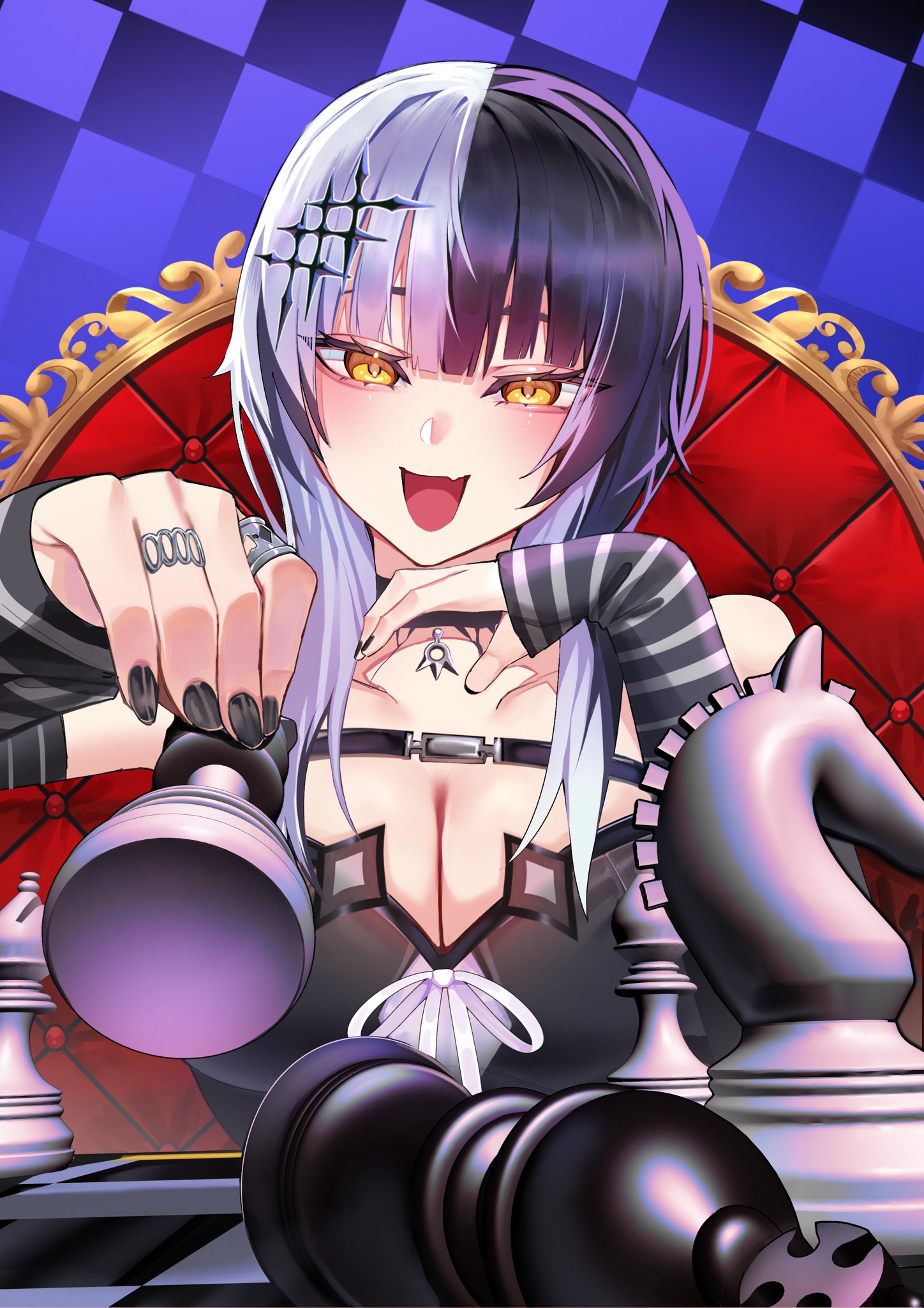 vandel six, shiori novella, shiori novella (1st costume), hololive, hololive english, highres, 1girl, black arm warmers, black choker, black dress, black hair, black nails, board game, breasts, chess, chess piece, choker, cleavage, dress, grey hair, holding, holding chess piece, jewelry, large breasts, long hair, multicolored hair, ribbon, ring, sitting, solo, split-color hair, striped arm warmers, virtual youtuber, white ribbon, yellow eyes