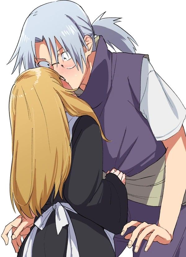 roko (abekawa), yakushi kabuto, yakushi nonou, naruto (series), naruto shippuuden, bad id, bad pixiv id, 1boy, 1girl, apron, black dress, blonde hair, blush, dress, grey hair, hetero, kiss, ninja, ponytail, purple shirt, round eyewear, shirt, short sleeves, simple background, step-parent and step-child, surprised, white apron, white background, wide-eyed