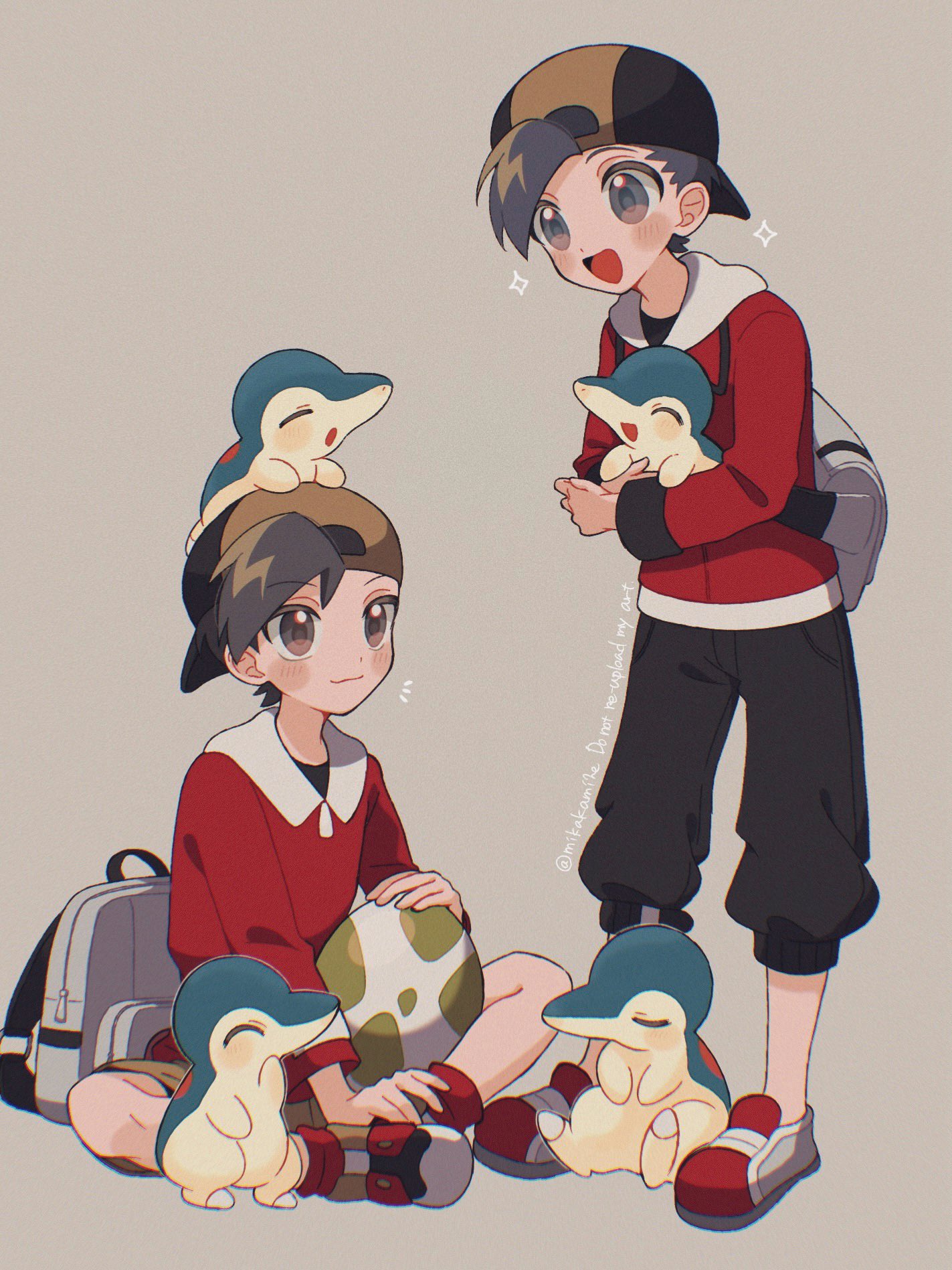 mikakami1e, cyndaquil, ethan (pokemon), nintendo, pokemon, pokemon gsc, pokemon hgss, highres, backpack, backwards hat, bag, baseball cap, black hair, black pants, black shirt, blush, closed eyes, closed mouth, egg, gen 2 pokemon, grey bag, hat, holding, holding pokemon, jacket, long sleeves, open mouth, pants, pokemon (creature), pokemon egg, red jacket, shirt, short hair, shorts, simple background, sitting, smile, yellow shorts