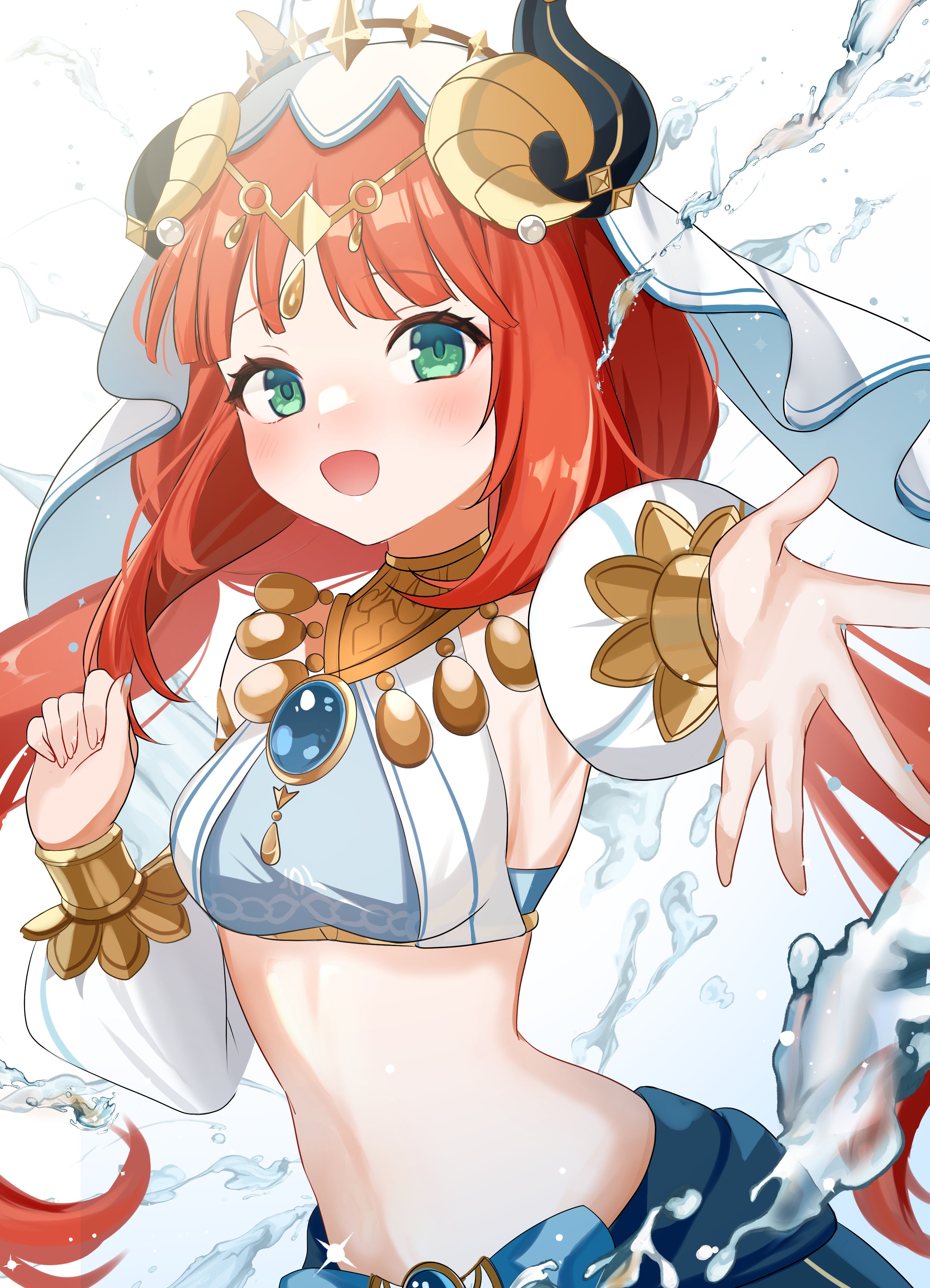 oguraponti, nilou (genshin impact), genshin impact, absurdres, commentary request, highres, 1girl, black horns, blue brooch, blue skirt, blush, breasts, brooch, crop top, detached sleeves, fake horns, green eyes, horns, jewelry, long hair, looking at viewer, low twintails, midriff, open mouth, outstretched arm, puffy detached sleeves, puffy sleeves, red hair, skirt, small breasts, smile, solo, twintails, upper body, veil, white background, white sleeves, white veil