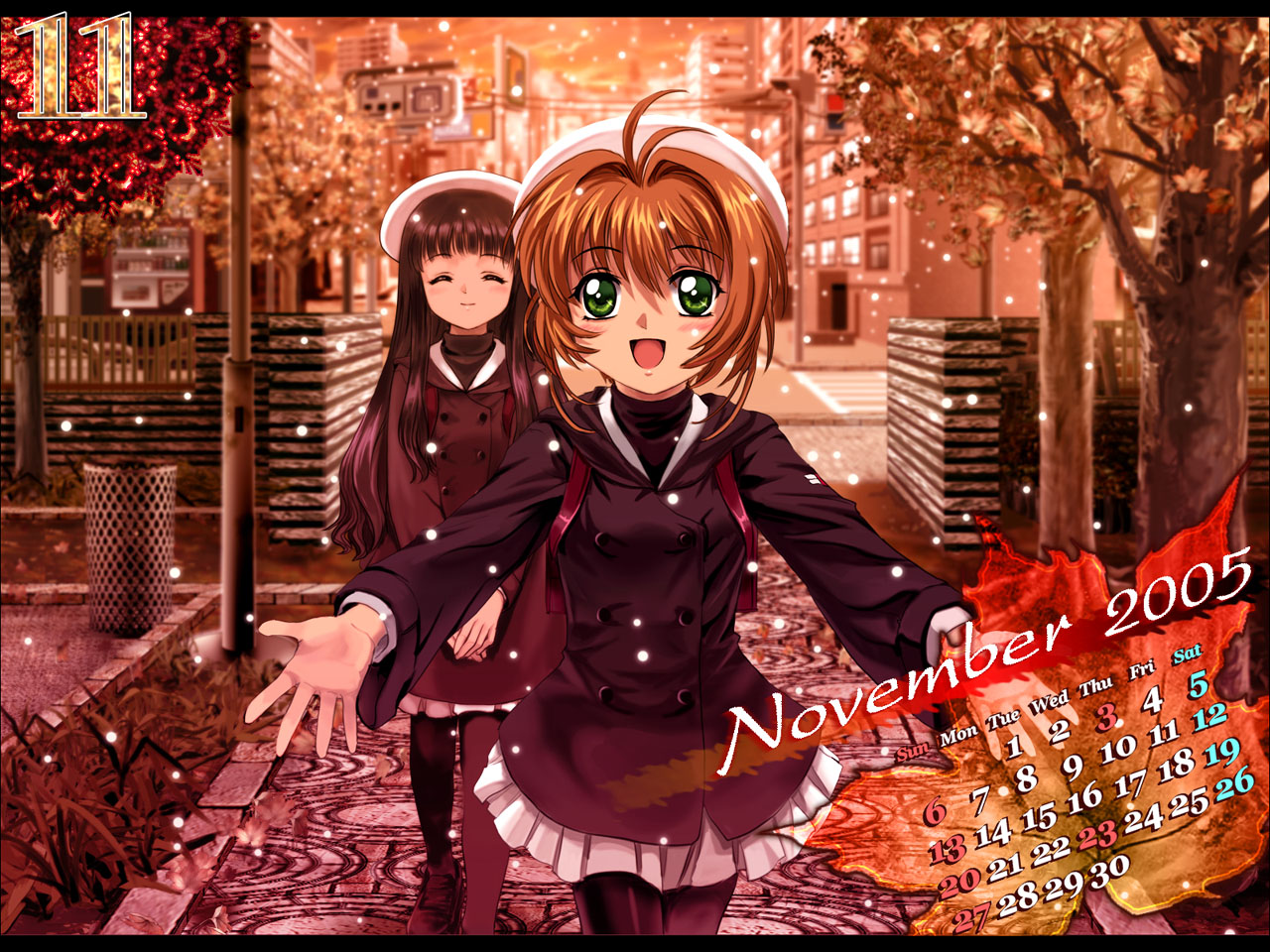 mutsuki (moonknives), daidouji tomoyo, kinomoto sakura, cardcaptor sakura, kodansha, 00s, 1990s (style), 2005, 2girls, antenna hair, calendar, child, hat, multiple girls, november, pantyhose, pleated skirt, retro artstyle, school uniform, serafuku, skirt, snow, snowing, tomoeda middle school uniform, white hat