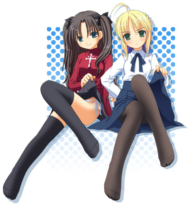 aikawa touma, artoria pendragon (fate), saber (fate), tohsaka rin, fate/stay night, fate (series), 00s, 2girls, black hair, black thighhighs, blonde hair, blouse, blue eyes, blush, clothes lift, green eyes, lifting own clothes, multiple girls, panties, pantyhose, pantyshot, ribbon, shirt, side-tie panties, skirt, skirt lift, teasing, thighhighs, turtleneck, twintails, two side up, underwear, white panties