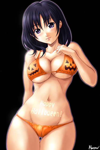 kagehara hanzou, original, 1girl, bikini, black background, black hair, blush, breasts, cleavage, contrapposto, female focus, groin, halloween, happy halloween, hip focus, large breasts, lowleg, lowleg bikini, navel, orange bikini, print bikini, purple eyes, short hair, solo, standing, swimsuit, thigh gap, thighs, underboob