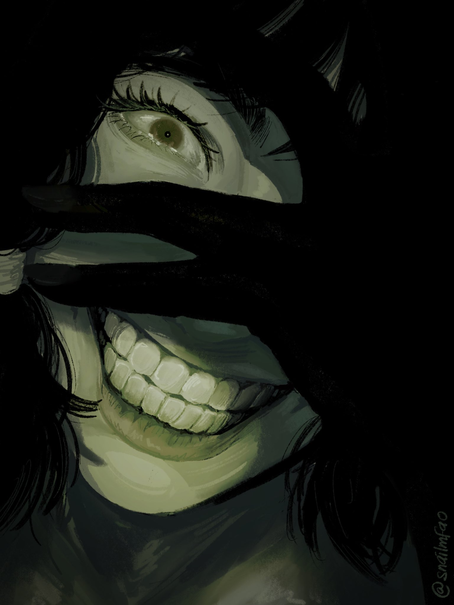 mifune fumiko, chainsaw man, highres, procreate (medium), 1girl, close-up, evil grin, evil smile, grin, hand on own face, looking at viewer, monochrome, smile, snailmao, solo, twitter username