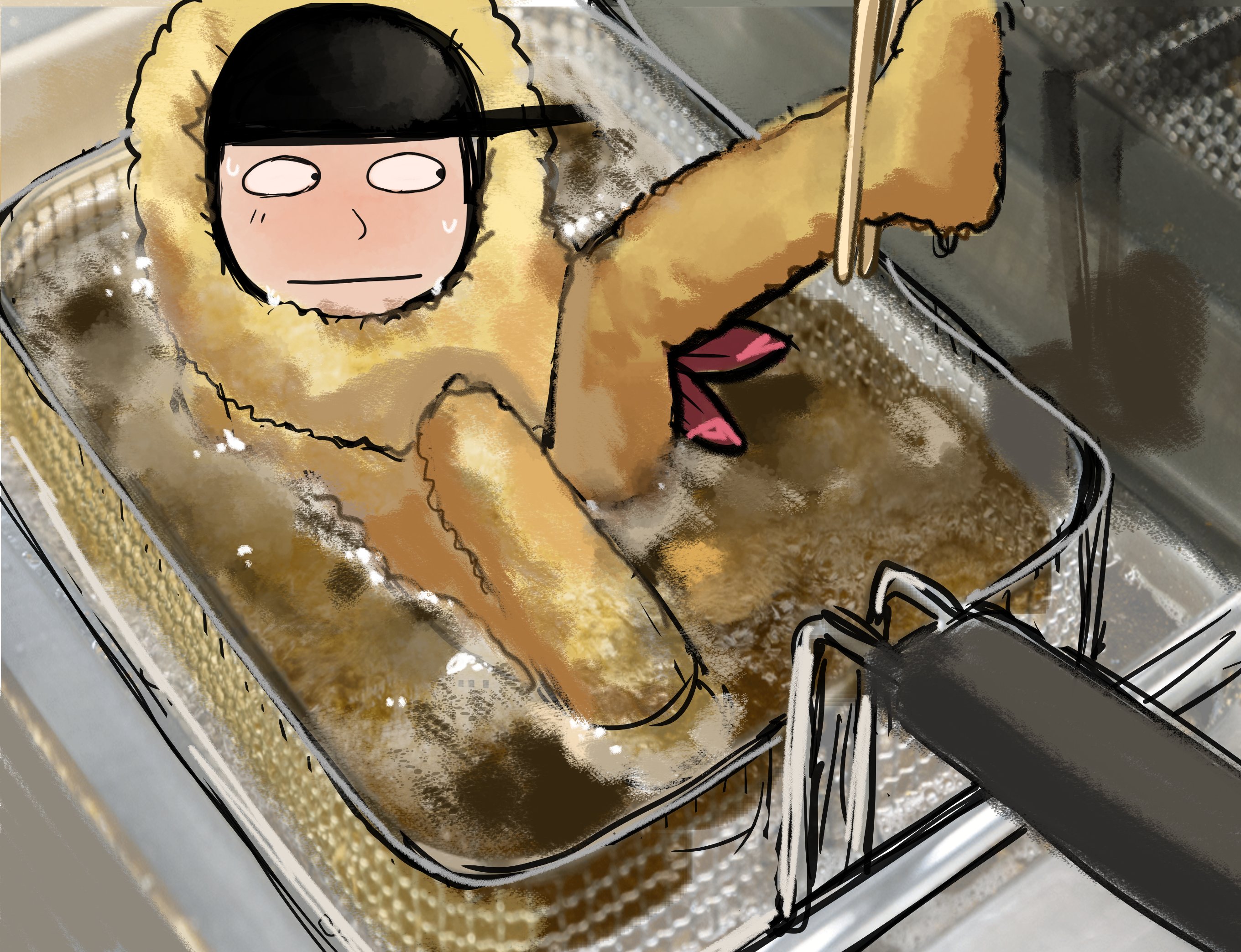 lottie (gravyalloverhim), highres, black hat, blank eyes, blush, cooking oil, deep fry basket, deep frying, expressionless, food, hat, kevin spencer, kevin spencer (series), looking to the side, shrimp, shrimp tempura, sweatdrop, tempura, tempura costume