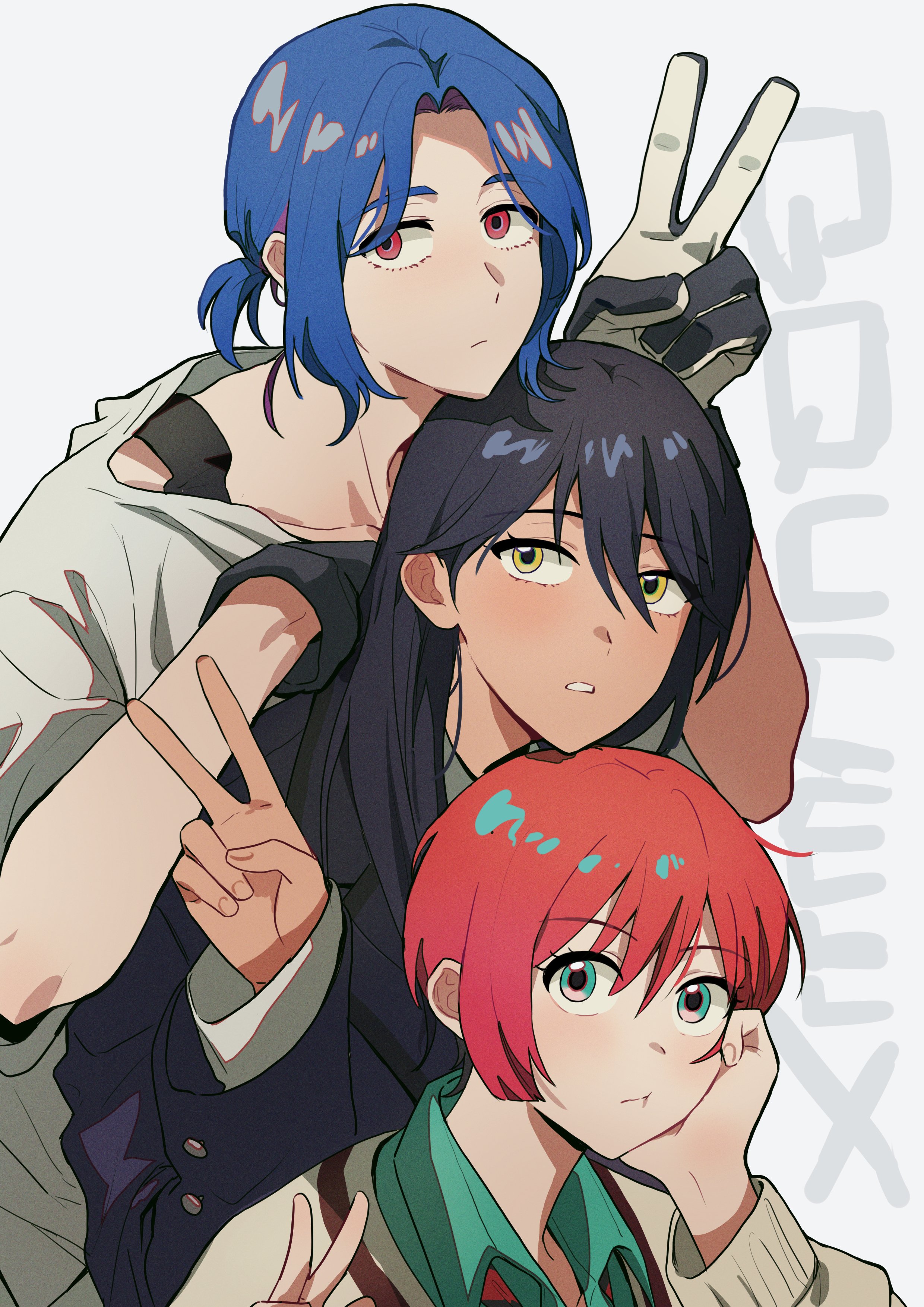 otakulifewow, amate yuzuriha, nyaan (gundam gquuuuuux), shuji ito, gundam, gundam gquuuuuux, absurdres, highres, 1boy, 2girls, aqua eyes, aqua shirt, black gloves, black hair, blazer, blue hair, cardigan, chin rest, collared shirt, gloves, hair between eyes, head on head, head rest, heads together, jacket, long hair, looking at viewer, multicolored hair, multiple girls, ponytail, red eyes, red hair, school uniform, shirt, short hair, short ponytail, two-tone hair, v, wavy hair, white background, white cardigan, white shirt, yellow eyes