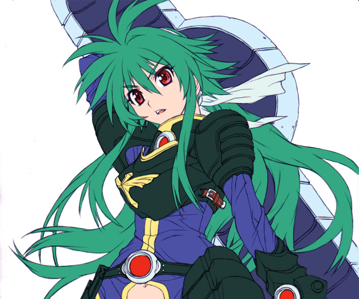 polaris (shinrabanshou), shinrabanshou, 1girl, arm up, armor, belt, breastplate, female focus, flat color, floating hair, green hair, hair ribbon, long hair, navel, open mouth, red eyes, ribbon, serious, simple background, solo, sword, upper body, very long hair, weapon