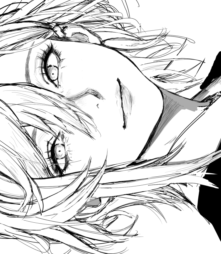 inoitoh, character request, commentary request, copyright request, 1girl, closed mouth, greyscale, hair between eyes, light smile, looking at viewer, medium hair, monochrome, sideways, solo