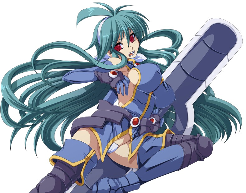 polaris (shinrabanshou), shinrabanshou, 1girl, antenna hair, belt, blue boots, blue gloves, boots, breasts, covered erect nipples, elbow gloves, female focus, gem, gloves, green hair, groin, hairband, holding, holding weapon, huge weapon, jewelry, knee pads, large breasts, long hair, open mouth, oversized object, red eyes, red gemstone, sideboob, simple background, solo, teeth, thigh boots, thighhighs, very long hair, weapon, white background