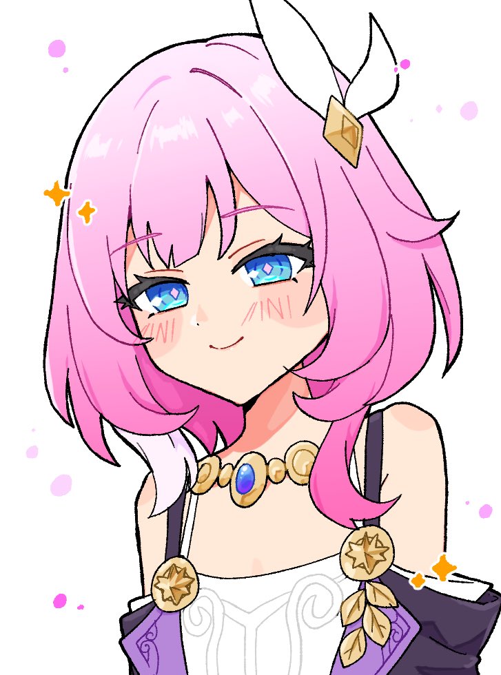 eeeeekyawaiii, cyrene (honkai: star rail), honkai: star rail, honkai (series), commentary request, 1girl, bare shoulders, blue eyes, coat, dress, hair ornament, jewelry, multicolored hair, necklace, pink hair, purple coat, short hair, simple background, smile, solo, two-tone hair, upper body, white background, white dress, white hair