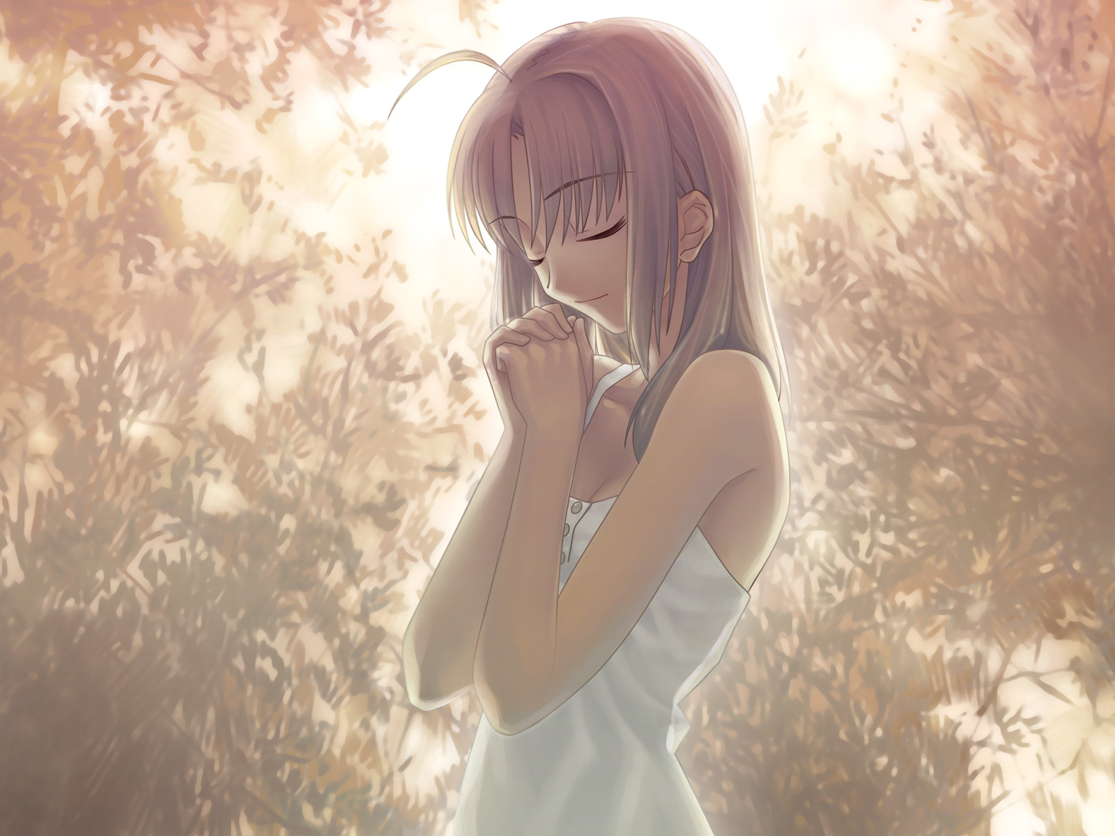 takeuchi takashi, artoria pendragon (fate), saber (fate), fate/hollow ataraxia, fate/stay night, fate (series), game cg, highres, 00s, 1girl, ahoge, alternate costume, blonde hair, closed eyes, female focus, own hands together, praying, solo