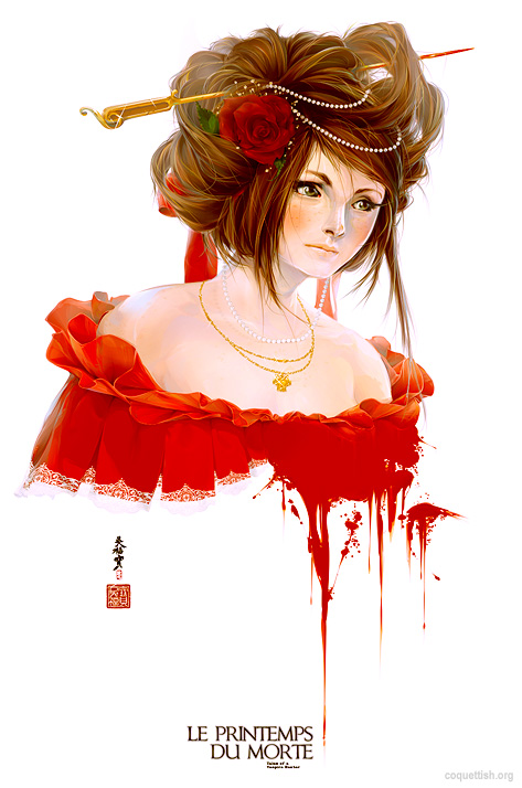 1girl, bare shoulders, bow, brown eyes, brown hair, female focus, flower, gem, hair ornament, hair up, hairpin, jewelry, makeup, necklace, pearl (gemstone), rose, solo