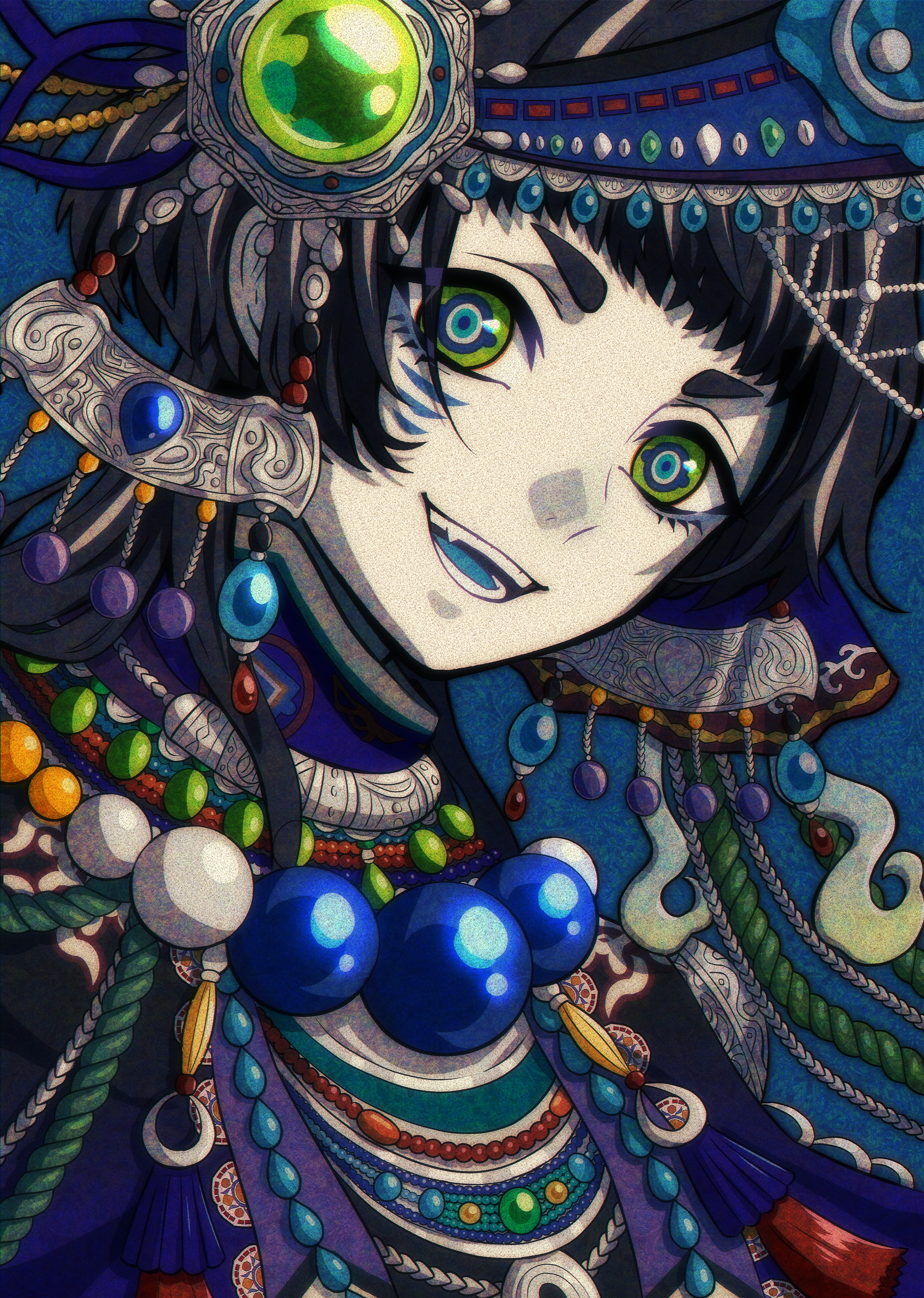 akari botan, original, absurdres, highres, 1girl, bead necklace, beads, black hair, blue background, blue eyes, blue theme, blue tongue, colored tongue, facial mark, film grain, gem, green eyes, jewelry, long hair, necklace, parted lips, smile, solo, tassel