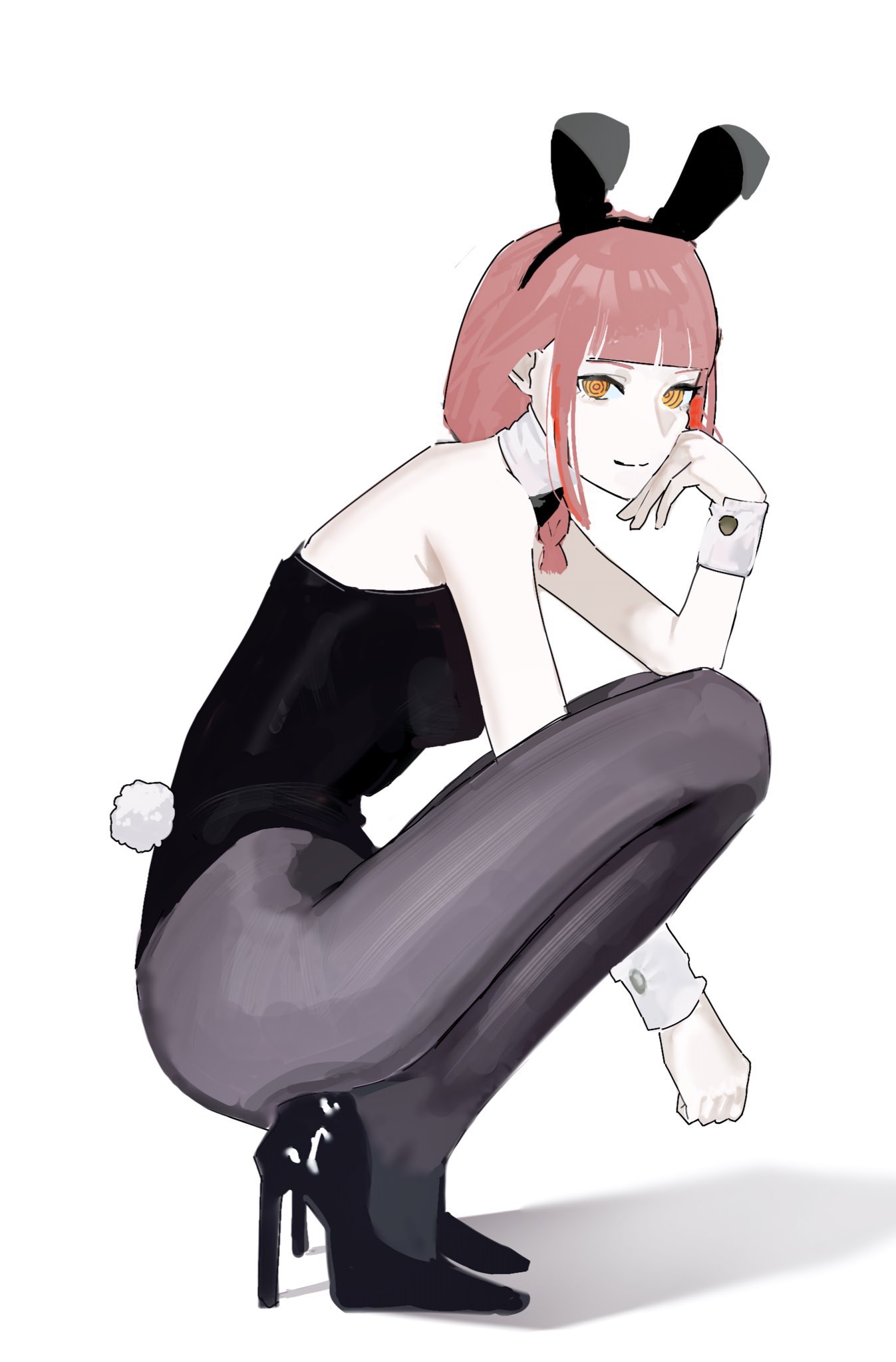 makima (chainsaw man), chainsaw man, hashtag-only commentary, highres, 1girl, animal ear hairband, animal ears, black hairband, black leotard, cheshire nek, fake animal ears, fake tail, grey pantyhose, hairband, high heels, highleg, highleg leotard, leotard, pantyhose, rabbit ears, rabbit tail, red hair, ringed eyes, simple background, solo, tail, white background, wrist cuffs, yellow eyes