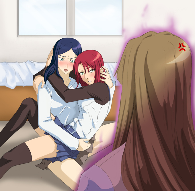 jango-joe, fujino shizuru, kuga natsuki, yuuki nao, my-hime, 00s, 3girls, anger vein, angry, arms around neck, aura, bed, black thighhighs, blue hair, blush, breasts, brown hair, caught, green eyes, jango joe, jealous, long hair, multiple girls, nervous, pleated skirt, red hair, school uniform, serafuku, sitting, sitting on lap, sitting on person, skirt, thighhighs, window, yuri