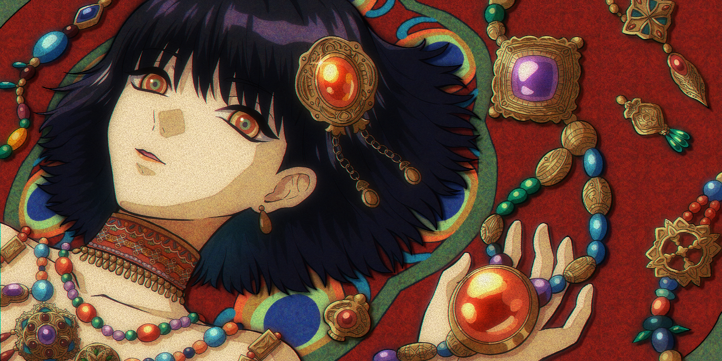 akari botan, original, highres, 1girl, black hair, choker, collarbone, earrings, film grain, gem, green eyes, hair ornament, hairclip, hand up, jewelry, medium hair, necklace, parted lips, red background, red eyes, solo, yellow eyes