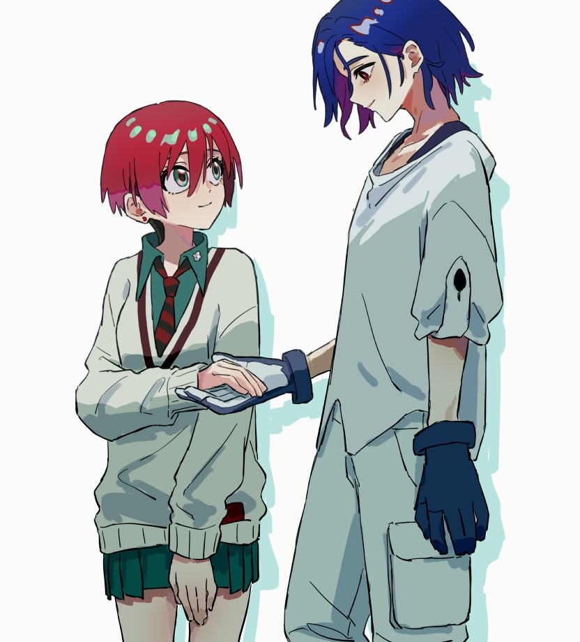 o6nuqm, amate yuzuriha, shuji ito, gundam, gundam gquuuuuux, commentary request, 1boy, 1girl, aqua eyes, aqua shirt, aqua skirt, black gloves, black necktie, blue hair, cardigan, collared shirt, crescent, crescent earrings, diagonal-striped clothes, diagonal-striped necktie, earrings, eye contact, flower pin, gloves, hair between eyes, holding hands, jewelry, long sleeves, looking at another, necktie, open collar, pants, pleated skirt, red eyes, red necktie, school uniform, shirt, short hair, skirt, sleeves rolled up, smile, striped clothes, wavy hair, white cardigan, white pants, white shirt, wing collar