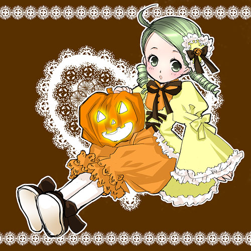 kanaria, sakuragi akira, rozen maiden, lowres, 00s, 1girl, bloomers, brown background, female focus, halloween, lolita fashion, orange bloomers, simple background, solo, underwear