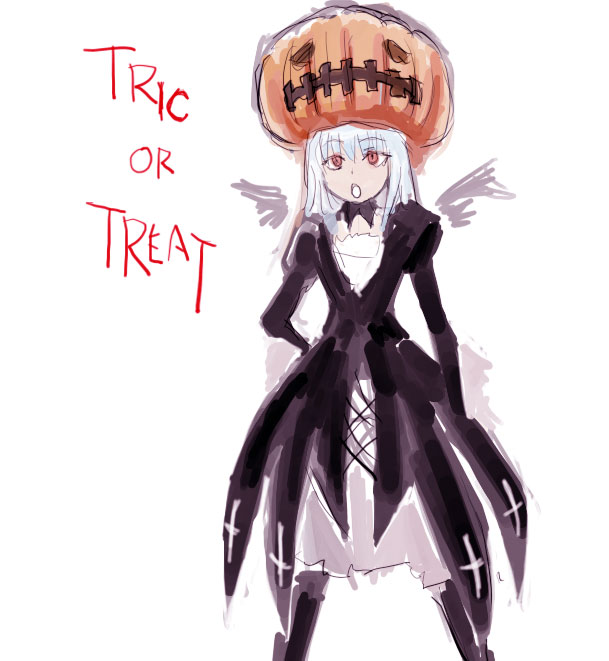 osakana (denpa yun'yun), suigintou, rozen maiden, silver hair, 00s, 1girl, :o, black socks, cross, dress, english text, female focus, halloween, hand on own hip, inverted cross, jack-o'-lantern, pumpkin, pumpkin hat, red eyes, simple background, socks, solo, trick or treat, typo, white background, wings
