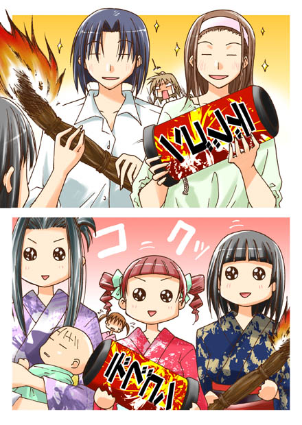 hosokawa kanako, matsudaira touko, mizuno youko, nijou noriko, torii eriko, maria-sama ga miteru, 00s, 6+girls, baby, comic, fireworks, japanese clothes, kimono, multiple girls, silent comic, sparkle, teardrop, yukata