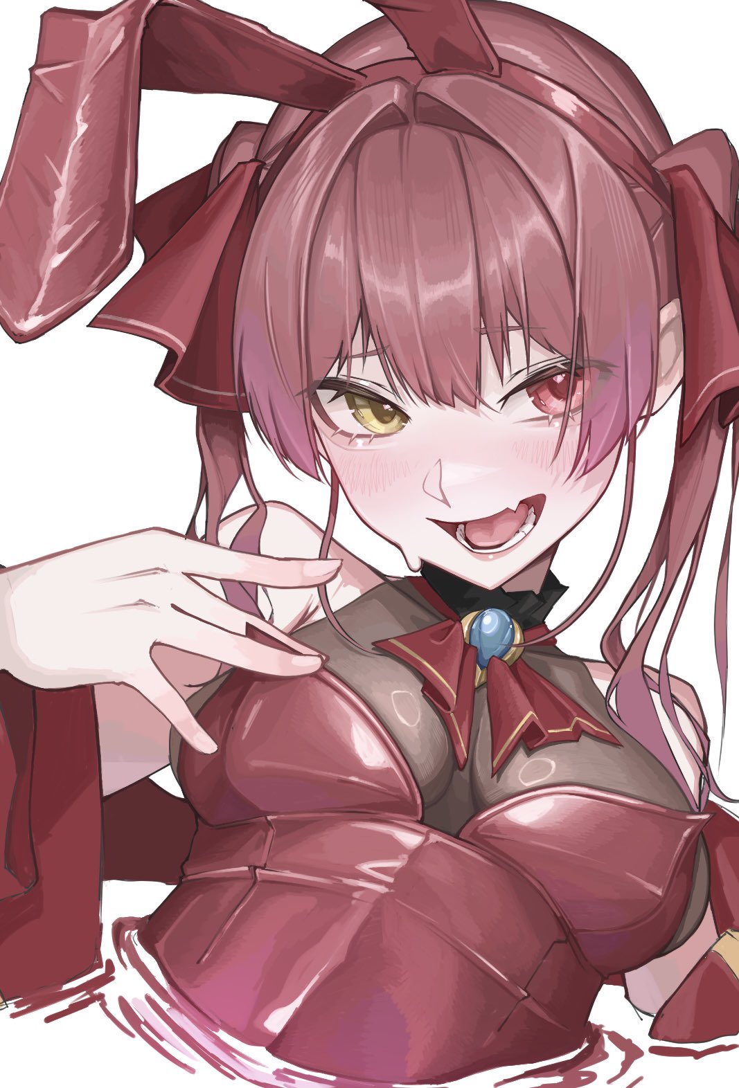 9tk9m, houshou marine, houshou marine (1st costume), hololive, hashtag-only commentary, highres, 1girl, adapted costume, animal ear hairband, animal ears, blue gemstone, breasts, fake animal ears, gem, hair ribbon, hairband, hetero, medium breasts, open mouth, rabbit ears, red eyes, red hair, red ribbon, ribbon, simple background, solo, teeth, two side up, virtual youtuber, white background, yellow eyes