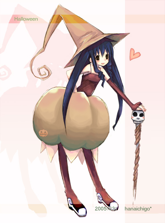 hana ichiko, original, 00s, 1girl, 2005, bubble skirt, dated, dress, female focus, gloves, halloween, hat, long hair, orange dress, single glove, skirt, solo, staff, witch hat