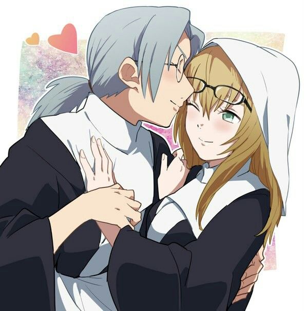 roko (abekawa), yakushi kabuto, yakushi nonou, naruto (series), naruto shippuuden, bad id, bad pixiv id, 1boy, 1girl, apron, black dress, blonde hair, closed eyes, closed mouth, dress, green eyes, grey hair, heart, hug, long hair, one eye closed, round eyewear, short hair, smile, veil, white apron