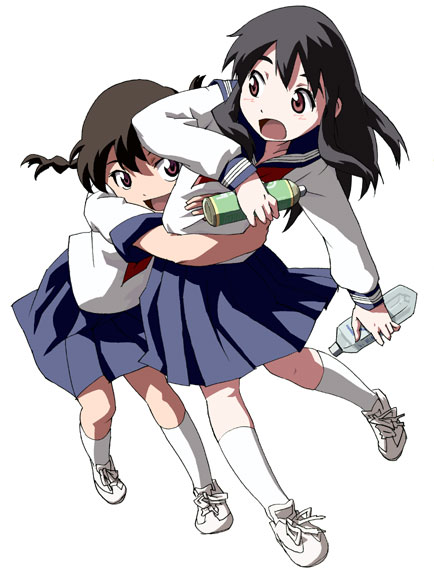 kamiya ron, original, white footwear, white legwear, 2girls, :d, :o, blue sailor collar, blue skirt, blush, bottle, braid, brown eyes, full body, holding, holding bottle, hug, hug from behind, kneehighs, long sleeves, multiple girls, neckerchief, open mouth, pleated skirt, red ribbon, ribbon, sailor collar, school uniform, serafuku, shirt, shoelaces, shoes, short hair, simple background, skirt, smile, socks, twin braids, white background, white shirt
