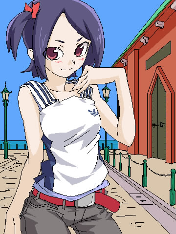e-zona, kaminogi haruka, noein, lowres, 00s, 1girl, belt, blue hair, building, female focus, hair ribbon, lamppost, oekaki, pants, red eyes, ribbon, short hair, solo