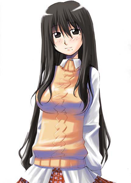 oono kanako, genshiken, 00s, 1girl, arms behind back, black eyes, black hair, blush, collared shirt, cowboy shot, dress shirt, female focus, hair between eyes, head tilt, long hair, long sleeves, looking at viewer, mole, mole under eye, mole under mouth, plaid clothes, plaid skirt, red skirt, shirt, sidelocks, simple background, skirt, solo, standing, sweater, sweater vest, turtleneck, very long hair, white background, white shirt