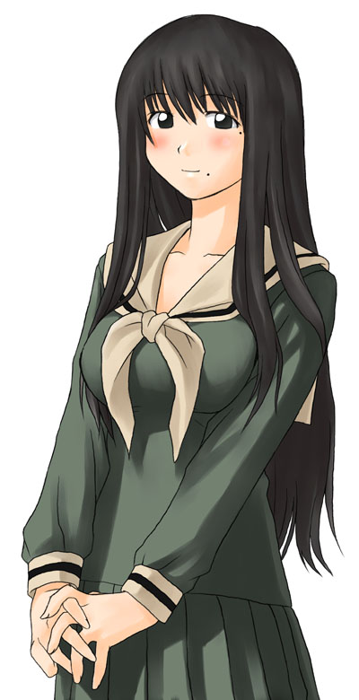 oono kanako, genshiken, maria-sama ga miteru, 1girl, black eyes, black hair, blush, collarbone, cosplay, cowboy shot, female focus, green shirt, green skirt, hair between eyes, hime cut, interlocked fingers, long hair, long sleeves, looking at viewer, mole, mole under eye, mole under mouth, neckerchief, otaku, pleated skirt, sailor collar, school uniform, serafuku, shirt, simple background, skirt, smile, solo, standing, very long hair, white background