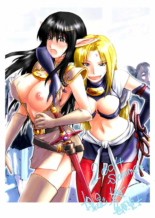 kon-kit, kasukabe saki, oono kanako, genshiken, record of lodoss war, 2girls, belt, black hair, blonde hair, blush, breast slip, breasts, cleavage, cosplay, elbow gloves, elf, gloves, hug, large breasts, leaning forward, midriff, mole, mole under eye, multiple girls, nipples, one breast out, open clothes, open mouth, open shirt, pantyhose, pointy ears, shirt, skirt, surprised, sweat, sword, thighhighs, weapon, whip, zettai ryouiki