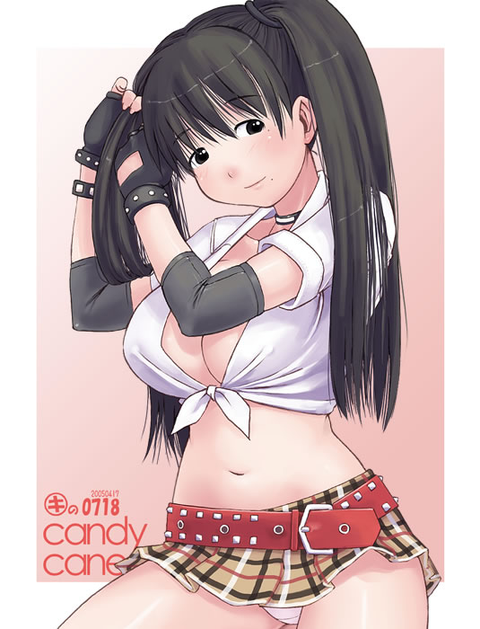 kei jiei, candy cane (rumble roses), oono kanako, genshiken, konami, rumble roses, 1girl, belt, black eyes, black gloves, black hair, blouse, blush, breasts, candy, candy cane, candy cane (cosplay), candy cane (rumble roses) (cosplay), choker, cosplay, crossover, elbow pads, female focus, fingerless gloves, food, gloves, gradient background, hairdressing, large breasts, looking at viewer, microskirt, midriff, miniskirt, mole, mole under eye, mole under mouth, navel, panties, pantyshot, plaid clothes, plaid skirt, shirt, simple background, skirt, sleeves rolled up, solo, standing, tied shirt, twintails, underwear, white panties, white shirt