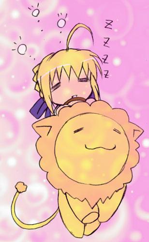 artoria pendragon (fate), pon de lion, saber (fate), fate/stay night, fate (series), mister donut, lowres, 00s, :3, chibi, chibi only, lion, moe (phrase), riding, sleepy, solo