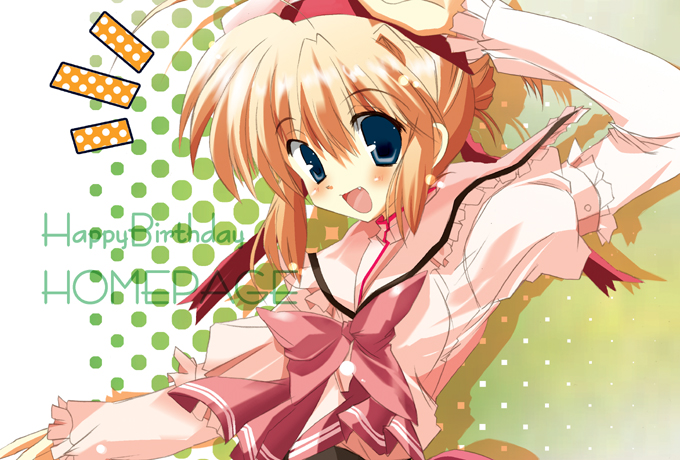 happy birthday (artist), maruchan., original, 1girl, ahoge, arm up, armlet, blonde hair, blue eyes, blush, fang, female focus, frilled sleeves, frills, gradient background, hair between eyes, hair bun, hand on own head, happy birthday, jewelry, long sleeves, looking at viewer, open mouth, pink ribbon, ribbon, sailor collar, school uniform, serafuku, shirt, simple background, single hair bun, smile, solo, upper body, white shirt