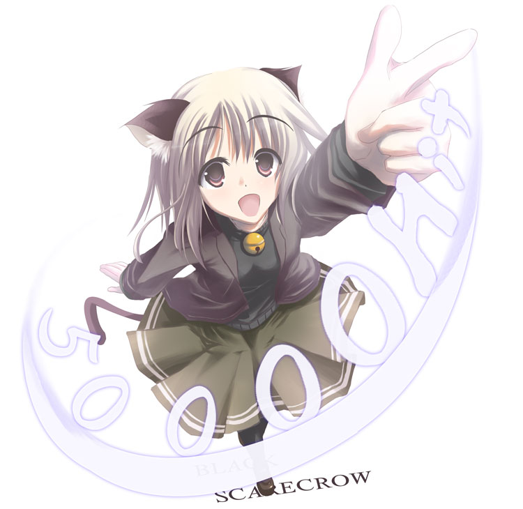 satomi (black scarecrow), original, 1girl, animal ears, bell, brown eyes, cat ears, female focus, jacket, long hair, open mouth, outstretched arms, shoes, skirt, solo, tail, thighhighs, white hair