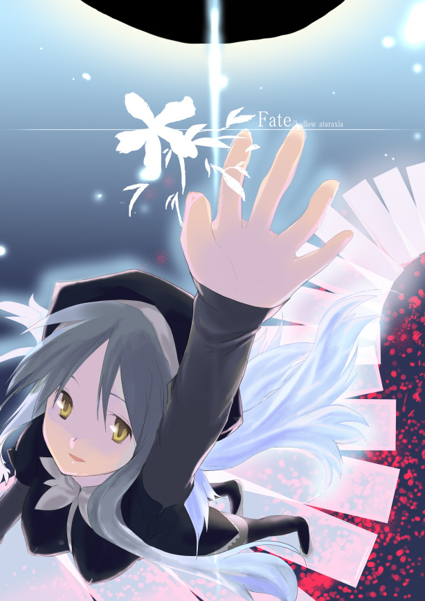 p-3-q, caren hortensia, fate/hollow ataraxia, fate/stay night, fate (series), silver hair, 00s, 1girl, female focus, hat, layered sleeves, outstretched hand, solo