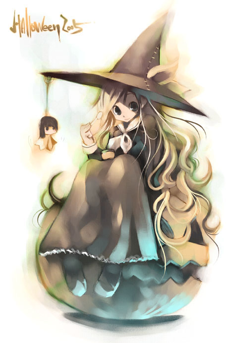 kei (keigarou), toudou shimako, maria-sama ga miteru, 00s, 1girl, 2005, female focus, halloween, sitting, solo, white background, witch