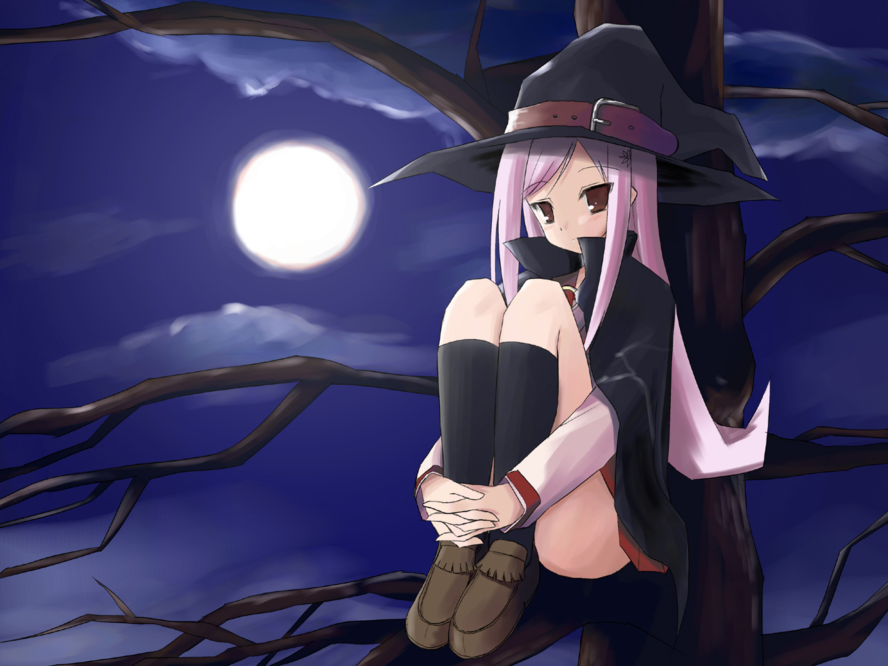 kakifly, lucy maria misora, to heart (series), to heart 2, 00s, 1girl, black socks, female focus, full moon, in tree, moon, socks, solo, tree, witch