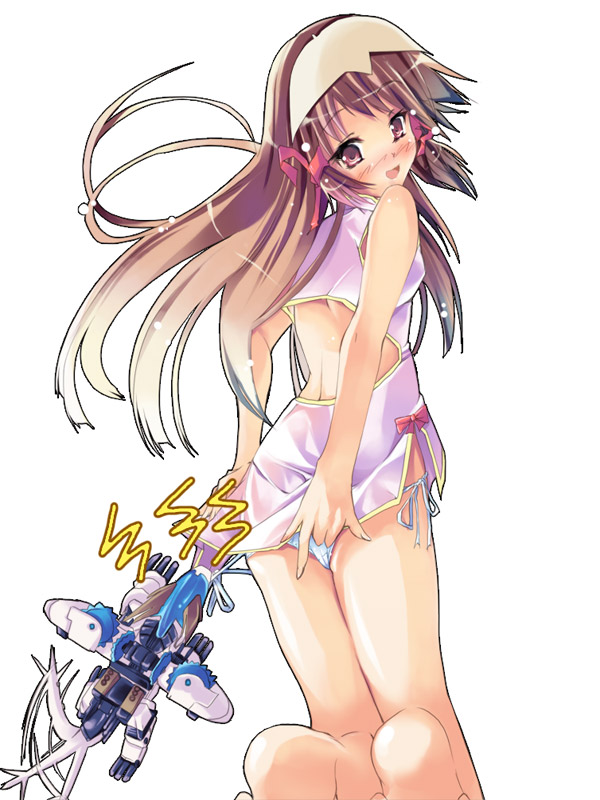 hinoto, re mii, zoids, zoids genesis, 00s, 1girl, back, blush, brown eyes, brown hair, china dress, chinese clothes, covering ass, covering privates, dress, dress tug, female focus, from behind, hair ribbon, kneeling, long hair, looking back, panties, pantyshot, ribbon, short dress, side-tie panties, solo, underwear, white panties