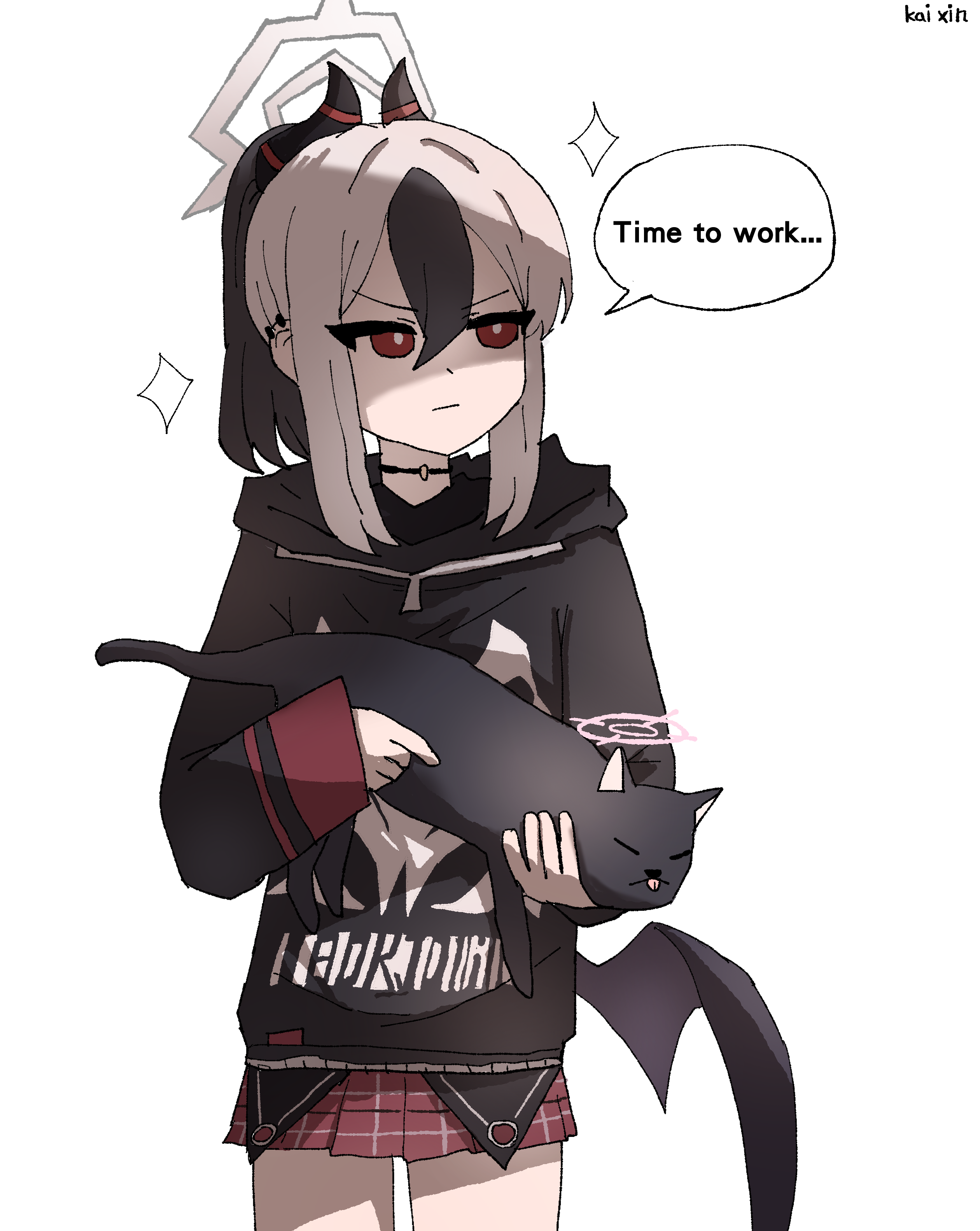kayoko (blue archive), blue archive, black hair, cat, catgun, demon wings, english text, halo, holding, holding animal, holding cat, hood, hoodie, horns, miniskirt, multicolored hair, red eyes, skirt, white hair, wings