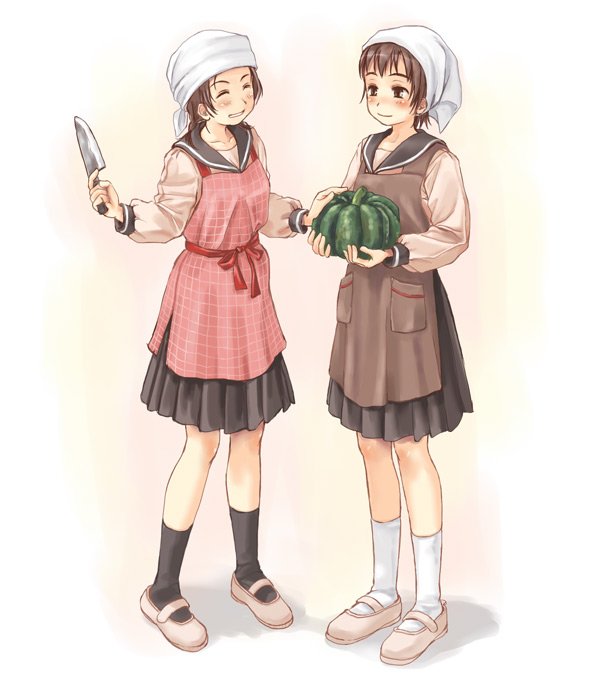 simon (kappa no kawanagare), original, apron, pleated skirt, school uniform, serafuku, skirt, squash, white background